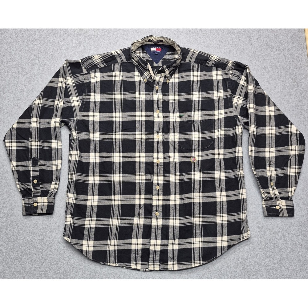 Vintage Tommy Hilfiger Flannel Shirt Mens XL Plaid Crest Logo Long Sleeve Cotton